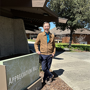 Foothill Alumnus Bill Yee in front of Appreciation Hall